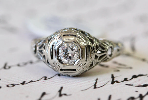 18k white gold Edwardian Filigree mine cut diamond antique Ring – Rambling  Rose